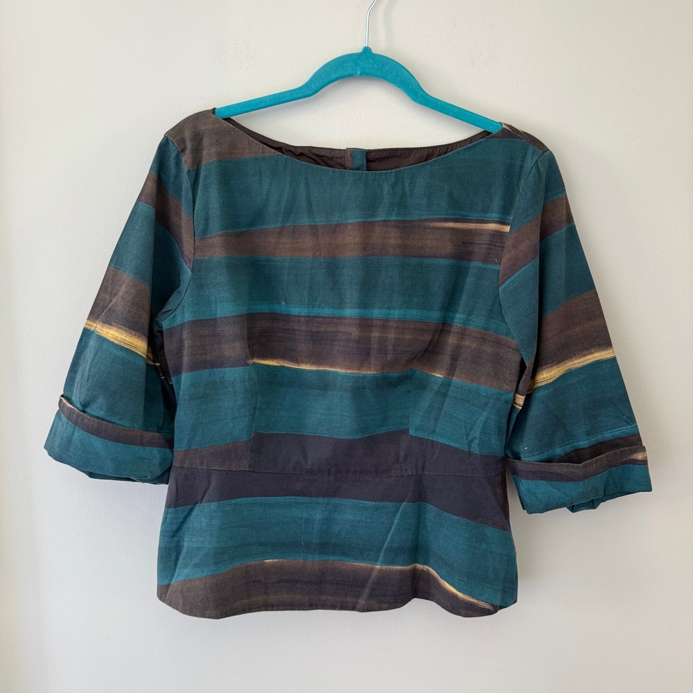 Lavia 18 Teal Brown Striped Boatneck Blouse Button Back IT‎ 44 3/4 Sleeve Top